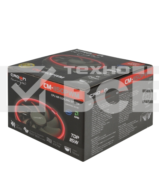 Кулер для процессора Crown CM-1150PWM RED v2 черный, 105 мм, алюминий, 1800 об/мин, 26.3 дБ, 4 pin, 115 Вт, 70 мм
