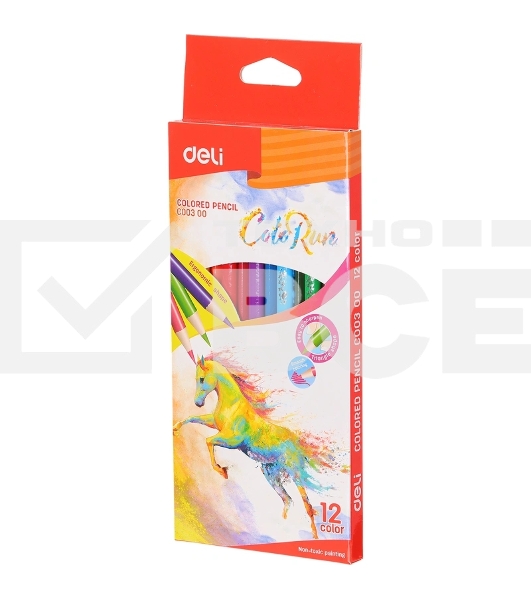 Карандаши цветные Deli EC00300 ColoRun, трехгранный профиль, тополь, 12 цветов, коробка с европодвесом