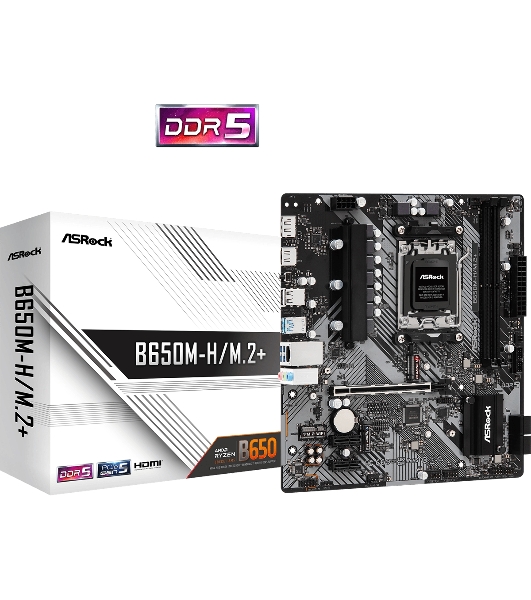 Материнская плата ASRock B650M-H/M.2+, AM5, AMD B650, 2xDDR5, 4xSATA, 2xM.2, 1xPCIe 4.0 x16, 1xDP, 1xHDMI, 1x1Gb LAN, 2xUSB 2.0, 3xUSB 3.2 Gen 1, 1xUSB-C, 3x3.5 мм, 7.1, Micro-ATX