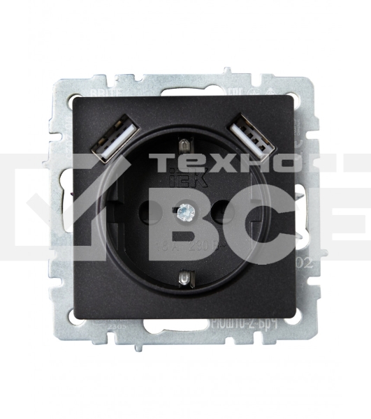 Розетка 1-местная IEK BRITE РЮш10-2-БрЧ (BR-R14-16-U21-D31-K02) с заземлением, с защитными шторками, 16А, с USB A+A 5В 3,1А, черный