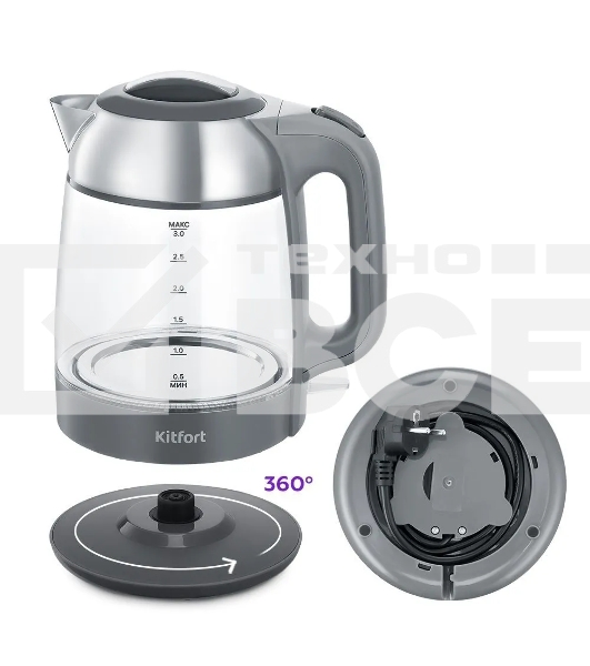 Чайник электрический Kitfort КТ-6762 3л. 2000Вт серый/серебристый корпус: стекло/металл/пластик