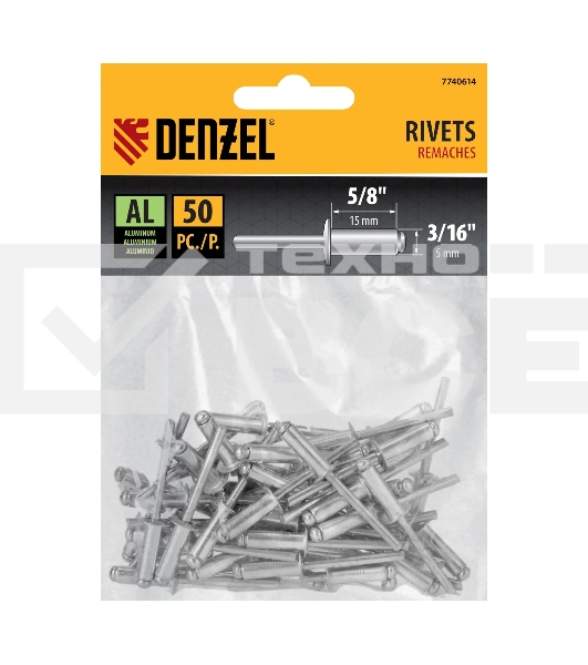 Заклепки алюминиевые Denzel, 3/16'-5/8', 5 х 15 мм, 50 шт.