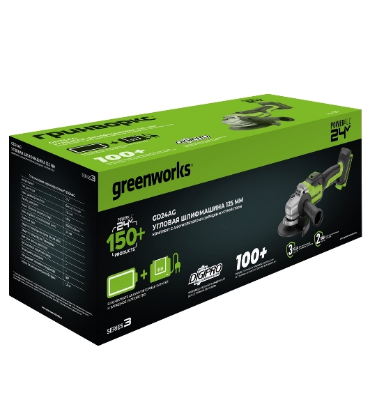 Углошлифовальная машина Greenworks GD24AG 758Вт 10500об/мин рез.шпин.:M14 d=125мм (3200207CUH)