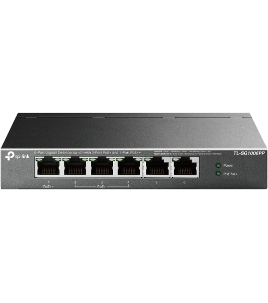 Настольный коммутатор TP-Link TL-SG1006PP с 6 гигабитными портами (3 порта PoE+, 1 порт PoE++), 802.3af/at/bt 3-го типа, бюджет PoE — 64 Вт, стальной настольный корпус