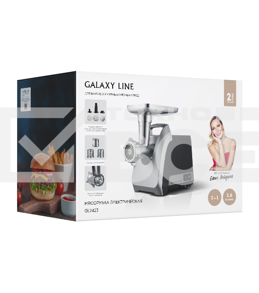 Мясорубка электрическая GALAXY LINE GL 2423 черная, 2200 Вт, 2,6 кг/мин, функция «Реверс», три диска для приготовления фарша - 3 мм, 5 мм и 7 мм, насадки для приготовления колбасок и кеббе, 3 насадки для овощерезки,  металлический лоток, защита двигателя 