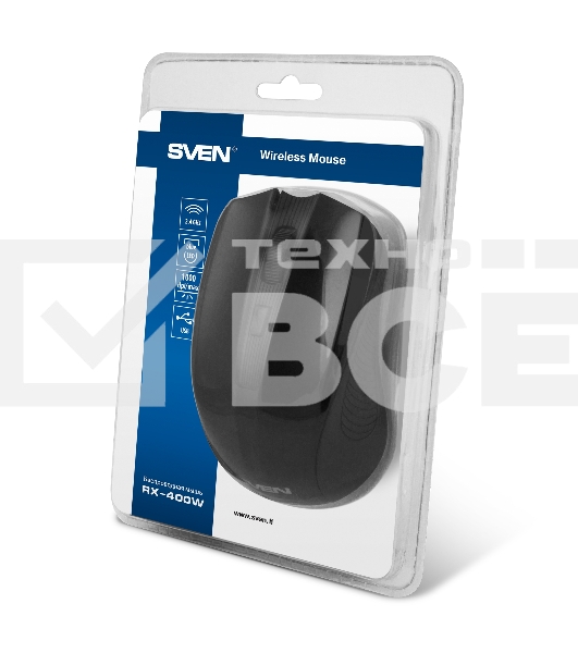 Мышь беспроводная SVEN RX-400W черный, 1400 dpi, радиоканал, USB, кнопки - 4