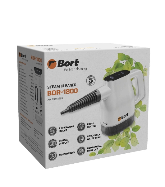 Пароочиститель Bort BDR-1800 белый, ручной, 1400 Вт, 36 г/мин, 400 мл