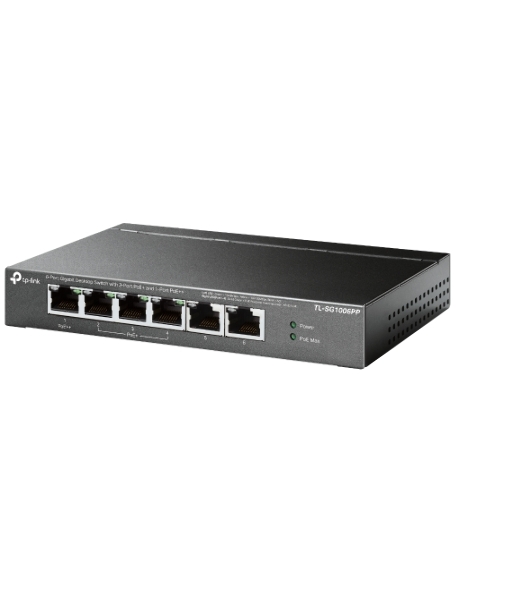 Настольный коммутатор TP-Link TL-SG1006PP с 6 гигабитными портами (3 порта PoE+, 1 порт PoE++), 802.3af/at/bt 3-го типа, бюджет PoE — 64 Вт, стальной настольный корпус