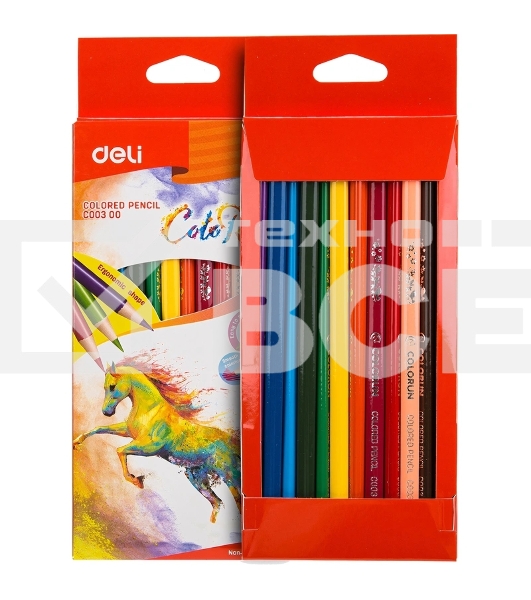 Карандаши цветные Deli EC00300 ColoRun, трехгранный профиль, тополь, 12 цветов, коробка с европодвесом