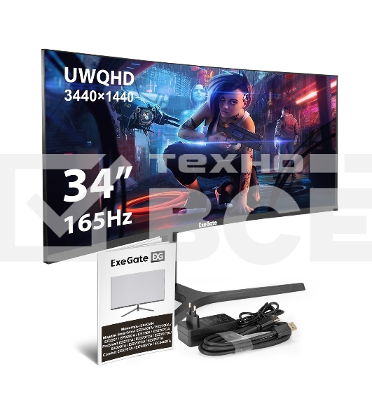 Монитор 34' ExeGate Combat EC3407TA VA 3440x1440, 165 Гц, 1 мс, 21:9, 300 кд/м², HDMI 2.0, DP 1.2, 3.5 Jack, FreeSync, изогнутый экран (1800R), черный