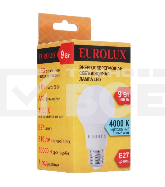 Лампа светодиодная EUROLUX LL-E-A60-9W-230-4K-E27 груша