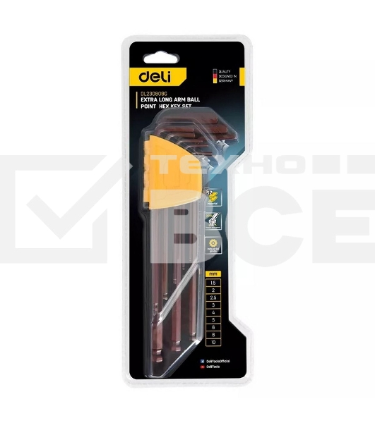 Ключ Deli Набор шестигранных ключей с шаром сверхдлинных Deli DL230809G 9 шт Cr-V, размеры 1,5,2,2,5,3,4,5,6,8,10мм, пластиковый держатель