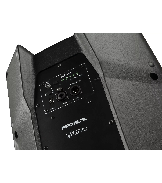 Активная акустическая система PROEL V12PRO 2-х полосная, НЧ динамик 12', ВЧ динамик 1', DSP, мощность пик./ном. 600/300 Вт, АЧХ 50-20000 Гц, макс. SPL 124 дБ, Combo XLR/TRS мик./лин. вход, XLR лин. выход, USB-A порт для радиосистем U24B/U24H