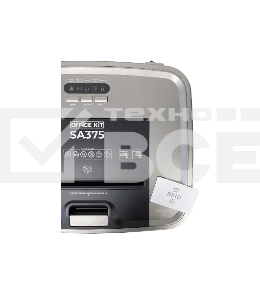 Шредер Office Kit SA375 серый/черный с автоподачей (секр.P-4) фрагменты 375лист. 42лтр. скрепки скобы пл.карты CD