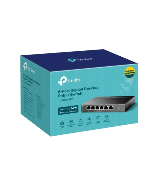 Настольный коммутатор TP-Link TL-SG1006PP с 6 гигабитными портами (3 порта PoE+, 1 порт PoE++), 802.3af/at/bt 3-го типа, бюджет PoE — 64 Вт, стальной настольный корпус