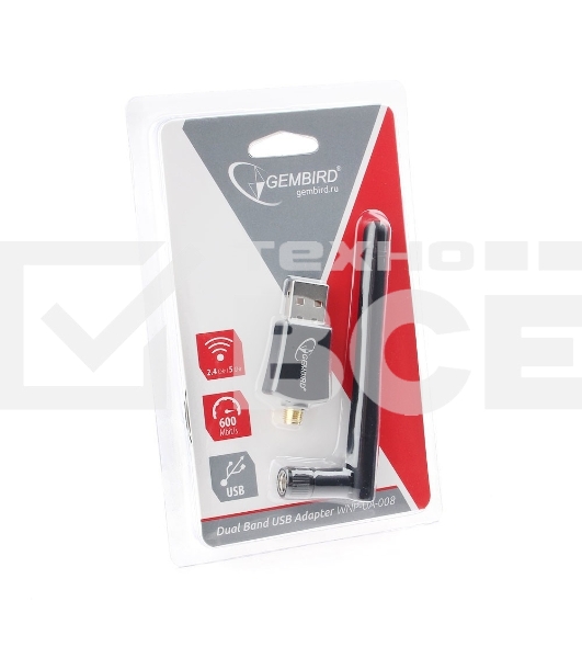 Сетевой адаптер WiFi+Bluetooth Gembird WNP-UA-019, двухдиапазонный с антенной, 600Мбит, USB, 802.11b/a/g/n/a