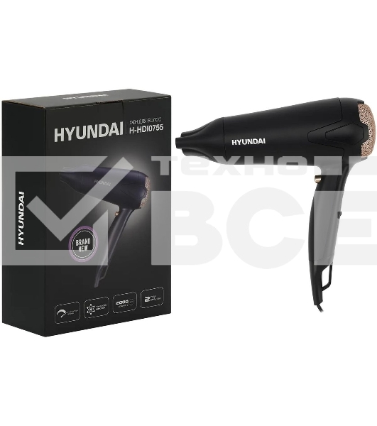 Фен Hyundai H-HDI0755 черный матовый, 2000 Вт, ионизация