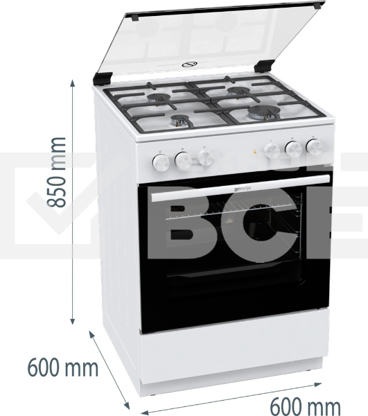 Плита комбинированная Gorenje GK6A20WF белый, конфорок 4 газовых, духовка 65 л, 60 см x 85 см x 60 см