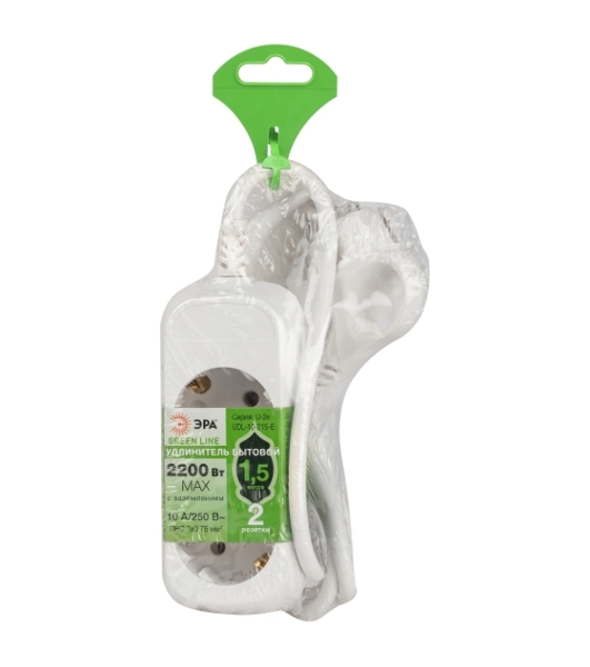 Удлинитель электрический ЭРА UDL-10-215-E Greenline 2 розетки с заземлением 1,5м ПВС 3x0.75мм2