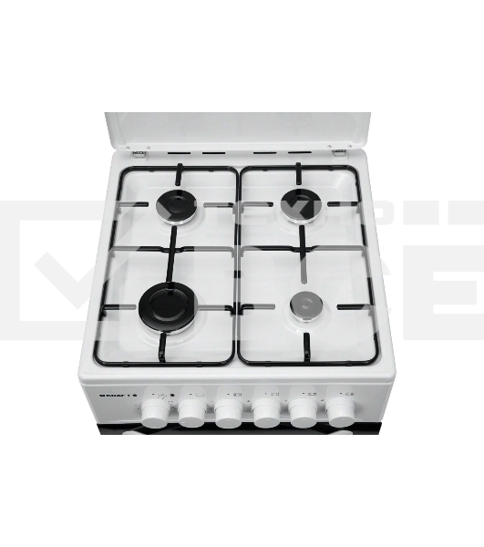 Плита комбинированная Kraft KF-FSK5302EW белый, конфорок 4 газовых, духовка 58 л, 50 см x 85.5 см x 55 см