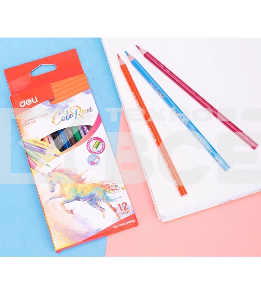 Карандаши цветные Deli EC00300 ColoRun, трехгранный профиль, тополь, 12 цветов, коробка с европодвесом