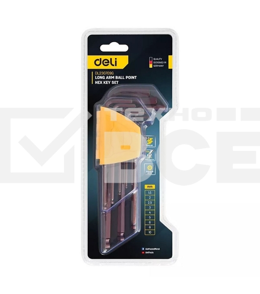 Ключ Deli Набор шестигранных ключей с шаром удлиненных Deli DL230709G 9 шт S2, размеры 1,5,2,2,5,3,4,5,6,8,10мм, пластиковый держатель