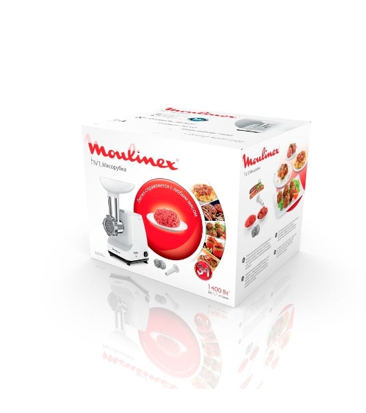 Мясорубка электрическая Moulinex ME111032 белый, 1400 Вт, 1.7 кг/мин, реверс, защита от перегрузки, насадки - 3