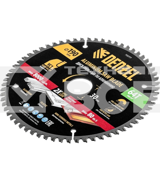 Пильный диск по алюминию Denzel ф190 х 30 мм, 64 зубьев 733777
