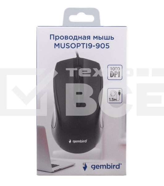 Мышь проводная Gembird MUSOPTI9-905U черный, 1000 dpi, USB, кнопки - 3