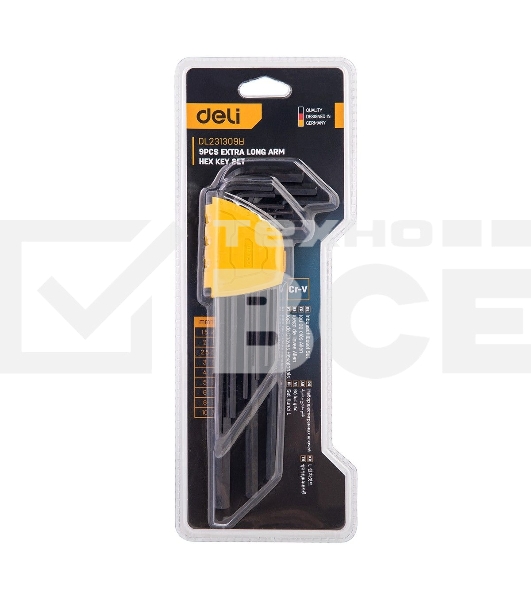 Набор шестигранных ключей сверхдлинных Deli DL231309H 9 шт Материал CR-V. Спецификация: 1,5,2,2,5,3,4,5,6,8,10мм, пластиковый держатель
