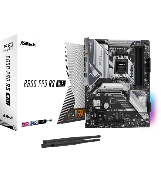 Материнская плата ASRock B650 Pro RS WiFi, AM5, AMD B650, 4xDDR5, 4xSATA, 3xM.2, 1xPCIe 4.0 x16, 1xPCIe 3.0 x16, 1xPCIe 3.0 x1, 1xHDMI, 1xDP, 1x2.5Gb LAN, Wi-Fi 6E, Bluetooth 5.2, 1xUSB-C 10Gbps, 2xUSB-A 5Gbps, 6xUSB-A 2.0, 3x3.5 мм, 7.1, ATX