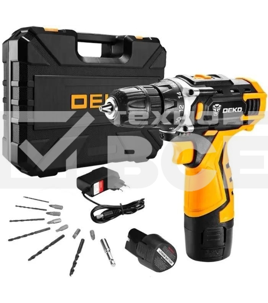 Дрель-шуруповерт аккумуляторная Deko DKCD12FU-Li SET3, 12В, 2АКБ, Кейс