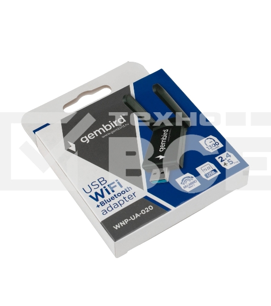 Сетевой адаптер WiFi+Bluetooth Gembird WNP-UA-020 двухдиапазонный с антеннами, 1300 Мбит, USB, 802.11b/a/g/n/ac