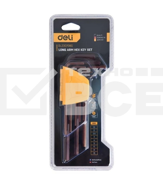 Ключ Deli Набор шестигранных ключей удлиненных Deli DL230708G 9шт S2, размеры 1,5,2,2,5,3,4,5,6,8,10мм, пластиковый держатель