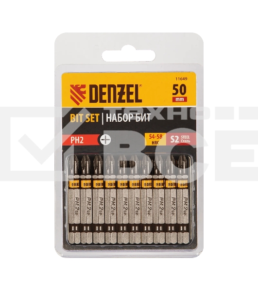Набор бит Denzel PH2х50, сталь S2, шестигранный профиль, 10 шт.