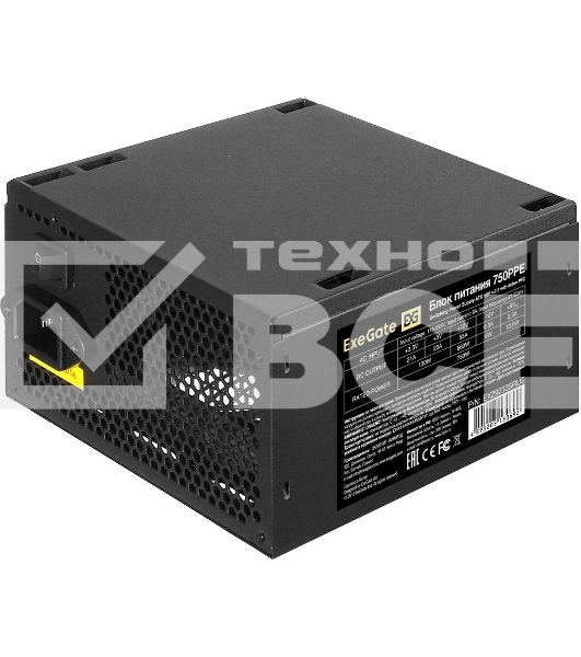 Блок питания ExeGate 750PPE, 750W, (ATX, APFC, SC, КПД 80% (80 PLUS), 12cm fan, 24pin, 2x(4+4)pin, 4xPCI-E, 6xSATA, 3xIDE, black, кабель 220V 1,8м с защитой от выдергивания)