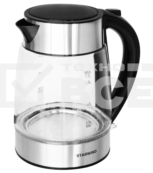 Чайник электрический Starwind SKG3026 1.7л. 2200Вт черный/серебристый (корпус: стекло)
