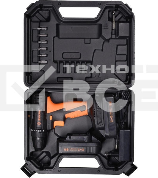 Дрель-шуруповерт аккумуляторная Вихрь ДА-18Л-2К/Б 72/14/22, Аккумуляторная, 18В, 2 АКБ, Кейс