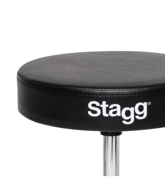 Стул для барабанщика STAGG DT-32 CR высота 50-63 см, 5 ступеней, диаметр сиденья 320 мм, стальная ось с резьбой и фиксатором, максимальная статичная нагрузка 150 кг, вес 3,1 кг, покрытие черный винил, отделка хром