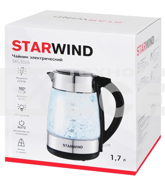 Чайник электрический Starwind SKG3026 1.7л. 2200Вт черный/серебристый (корпус: стекло)