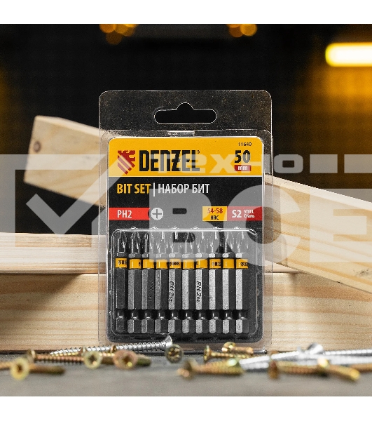 Набор бит Denzel PH2х50, сталь S2, шестигранный профиль, 10 шт.