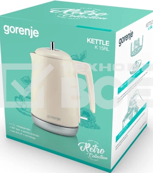 Чайник электрический Gorenje K15RL 1.7 л, 2200 Вт, бежевый (корпус: металл/пластик)