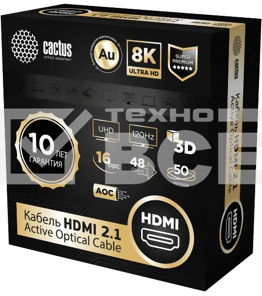 Кабель аудио-видео Cactus CS-HDMI-AOC-2.1-50 HDMI (m)/HDMI (m) 50м. позолоч.конт. черный