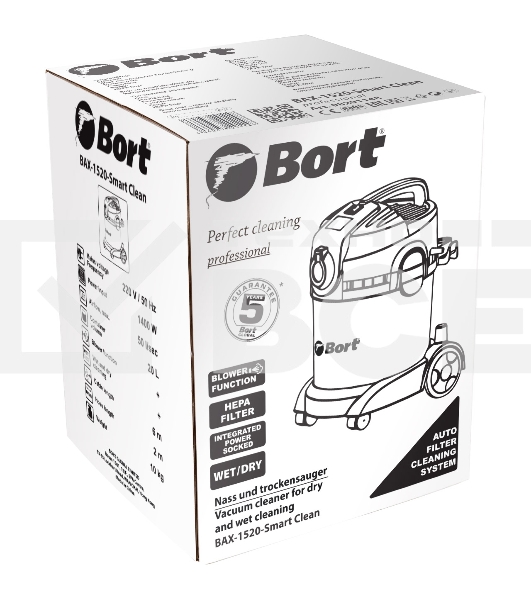 Строительный пылесос Bort BAX-1520-Smart Clean серый, 300/1400 Вт, уборка сухая/влажная, пылесборник бак, 20 л