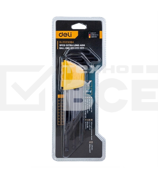 Набор шестигранных ключей с шаром сверхдлинных Deli DL232309H 9 шт Материал CR-V. Спецификация: 1,5,2,2,5,3,4,5,6,8,10мм, пластиковый держатель