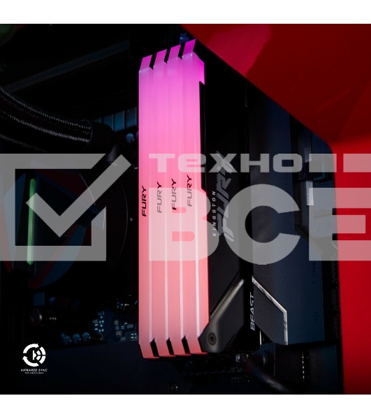 Оперативная память Kingston Fury Beast, DDR4, 128GB (4x32GB), 3600MHz, CL18, DIMM, RGB, радиатор, чёрный