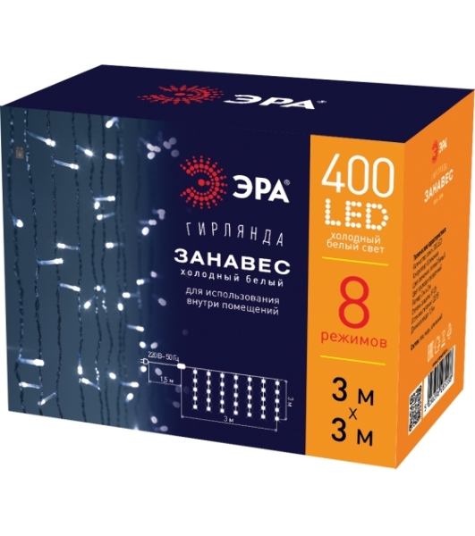 Гирлянда светодиодная новогодняя ЭРА ЕNIGW - 400W Занавес 8 режимов 3*3 м холодный белый 320 LED IP20 220 V