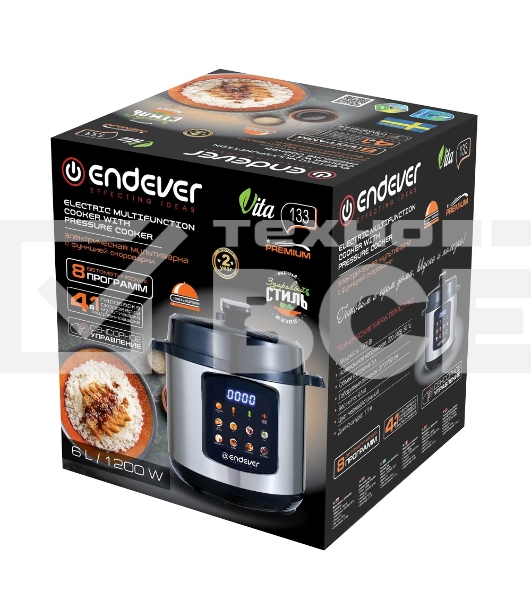 Скороварка-мультиварка электрическая Endever Vita-133 черный/стальной, 1200 Вт, 6 л, 12 авторежимов работы, книга рецептов, 2 шт/уп.