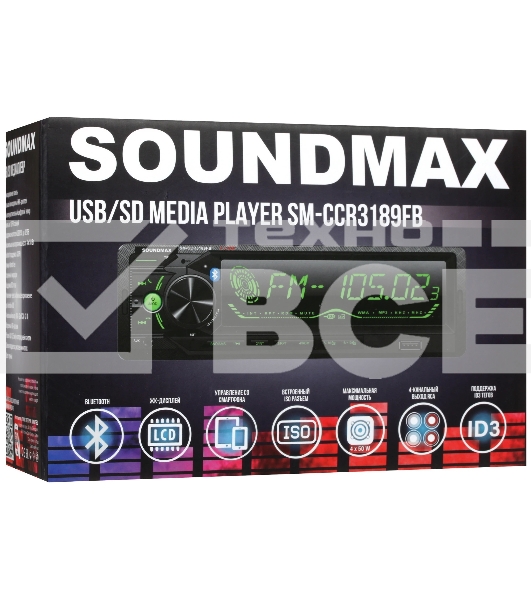 Автомагнитола Soundmax SM-CCR3189FB, 1 DIN, Bluetooth, USB Type-A, AUX