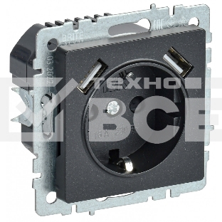 Розетка 1-местная IEK BRITE РЮш10-2-БрЧ (BR-R14-16-U21-D31-K02) с заземлением, с защитными шторками, 16А, с USB A+A 5В 3,1А, черный